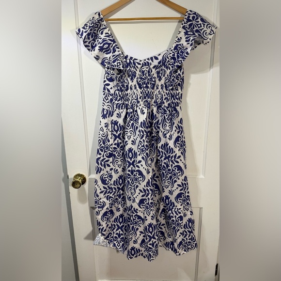 Blue and White Ruffled Midi Sundress with Flutter Cap Sleeves -Made in Italy - Picture 4 of 5